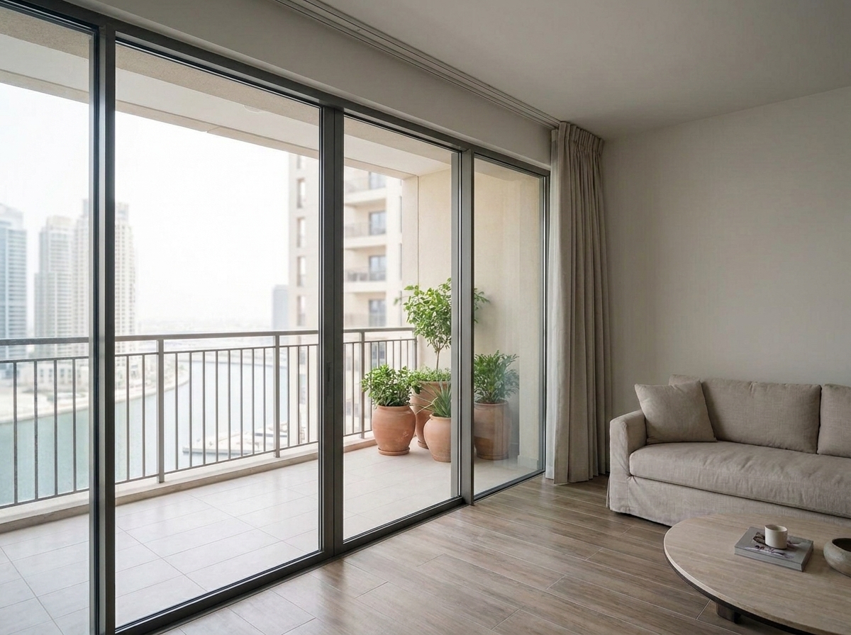 Slim sliding glass wall in a Dubai Marina apartment overlooking the water