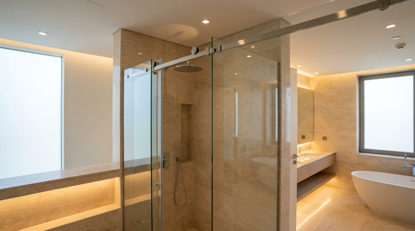 Sliding glass shower enclosure with top track rail in a Dubai villa bathroom