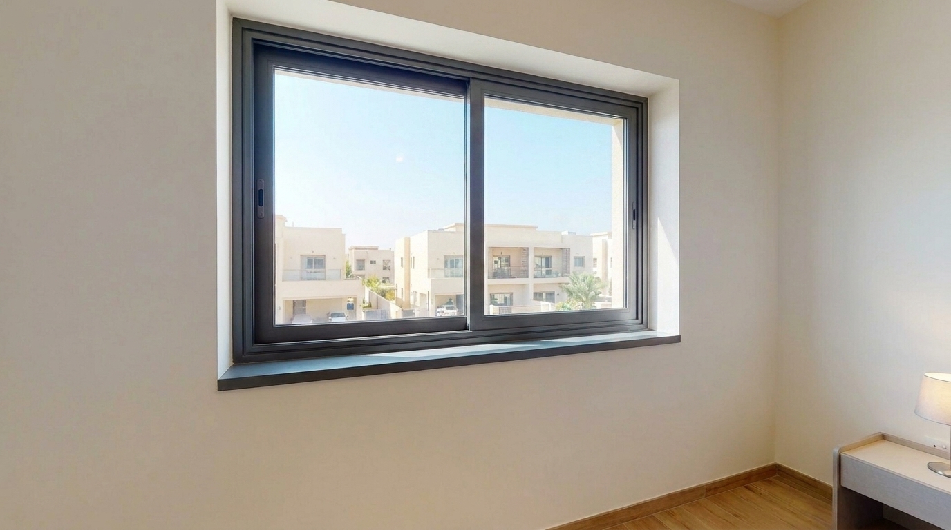 Aluminium sliding window on a track in a Dubai apartment overlooking neighbouring villas