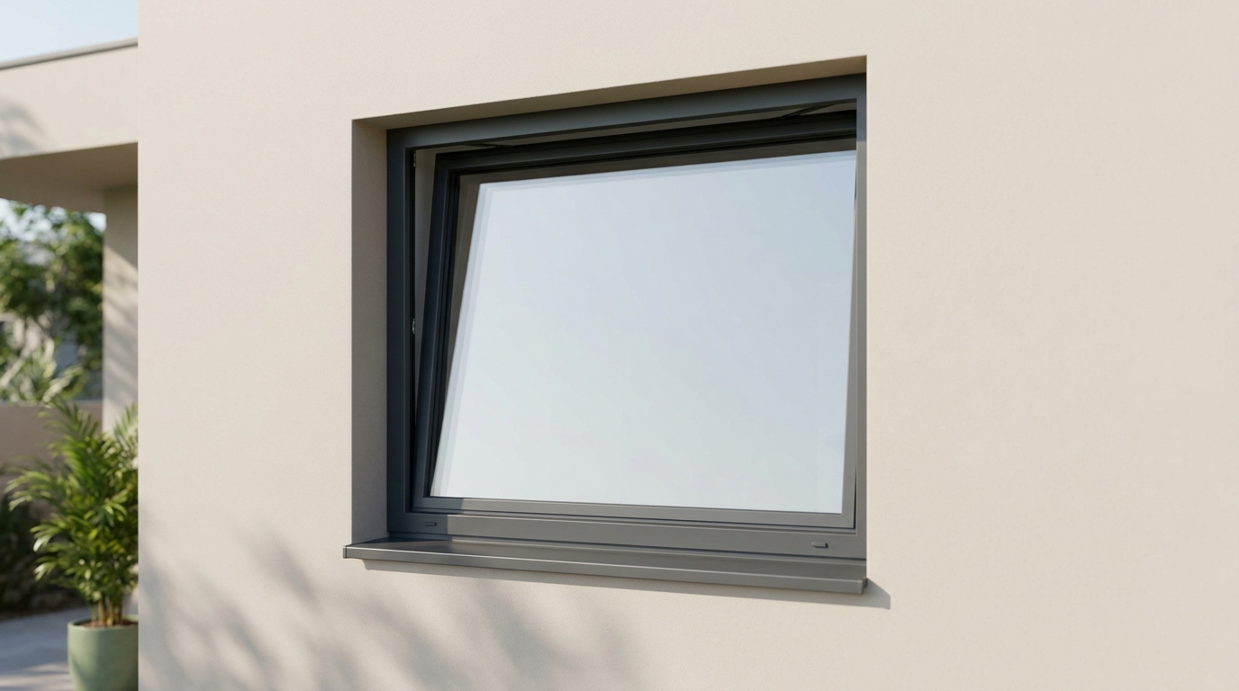 Slim-profile aluminium window with minimal frame sightlines open on a modern villa wall