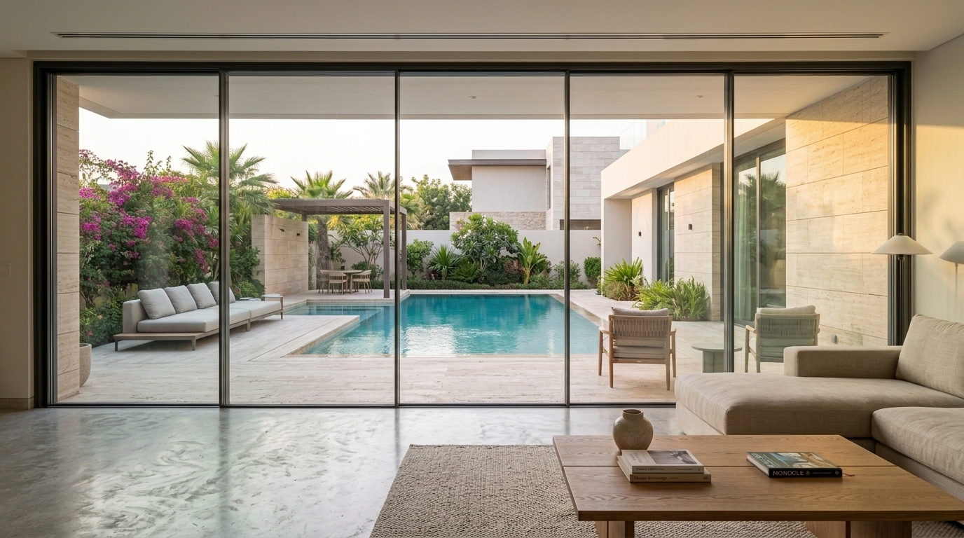 Slim aluminium sliding doors with large glass panels in a Dubai home