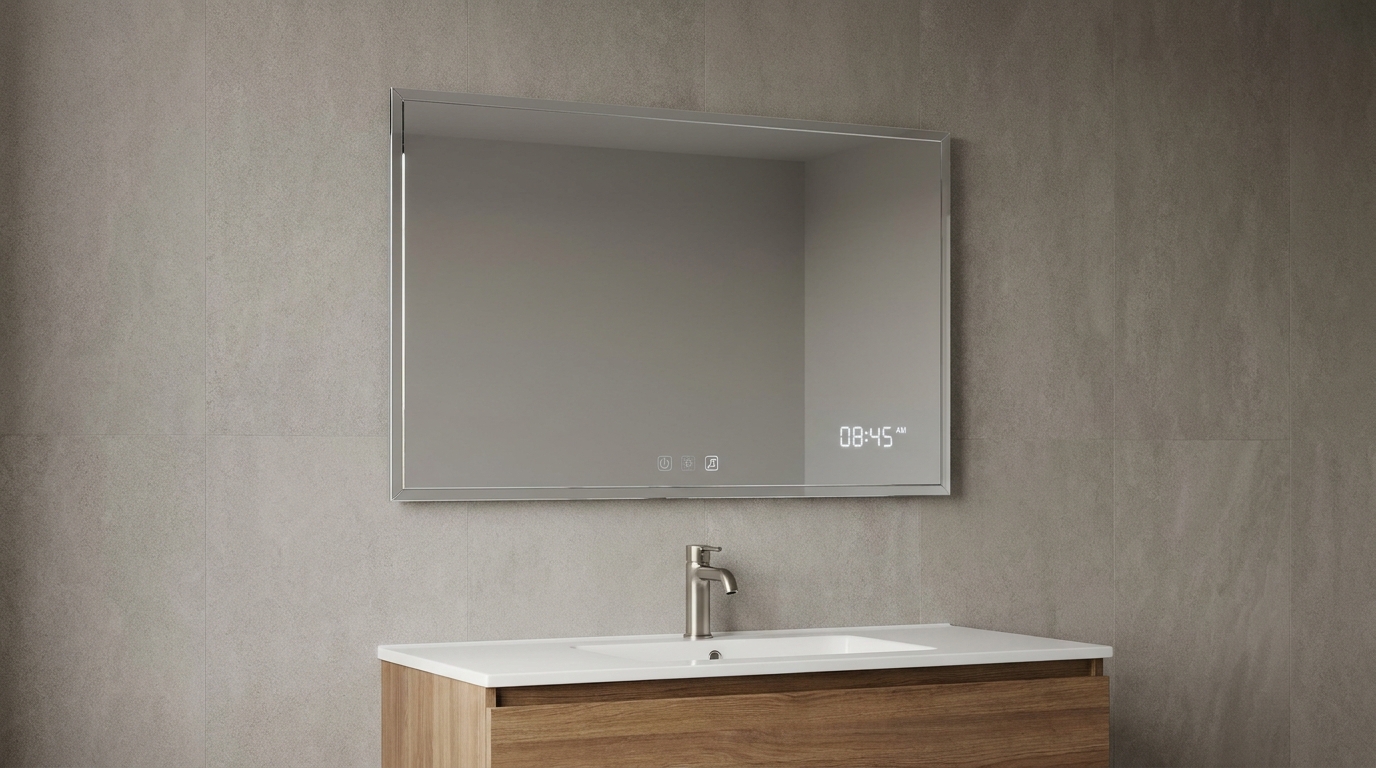 Smart bathroom mirror with a built-in digital clock display and touch controls