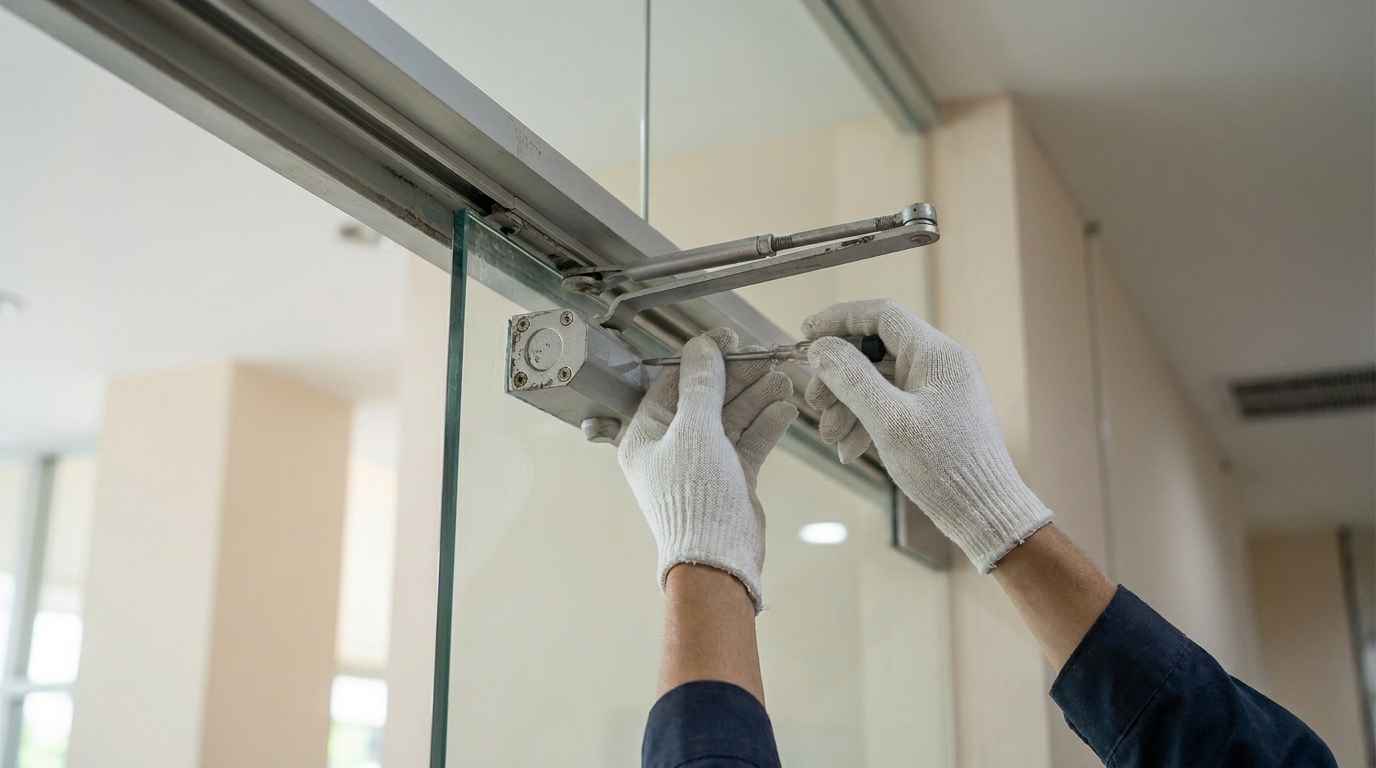 Technician adjusting an overhead door closer on a frameless glass door