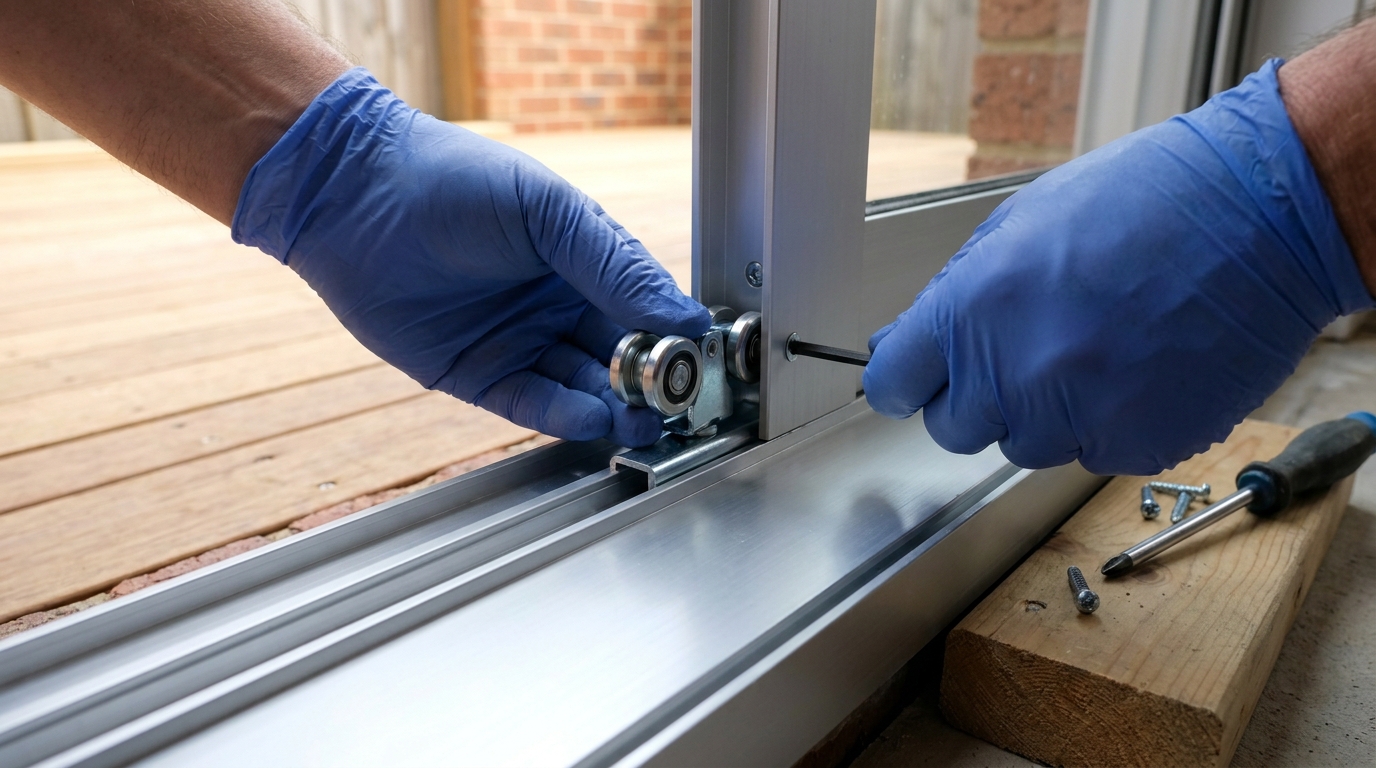 Technician fitting new sliding door rollers and cleaning the aluminium track