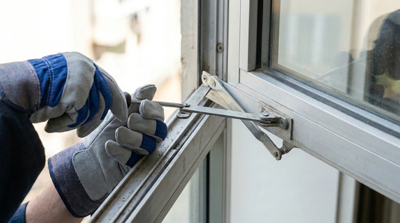 Technician fitting a friction stay hinge to an open aluminium window