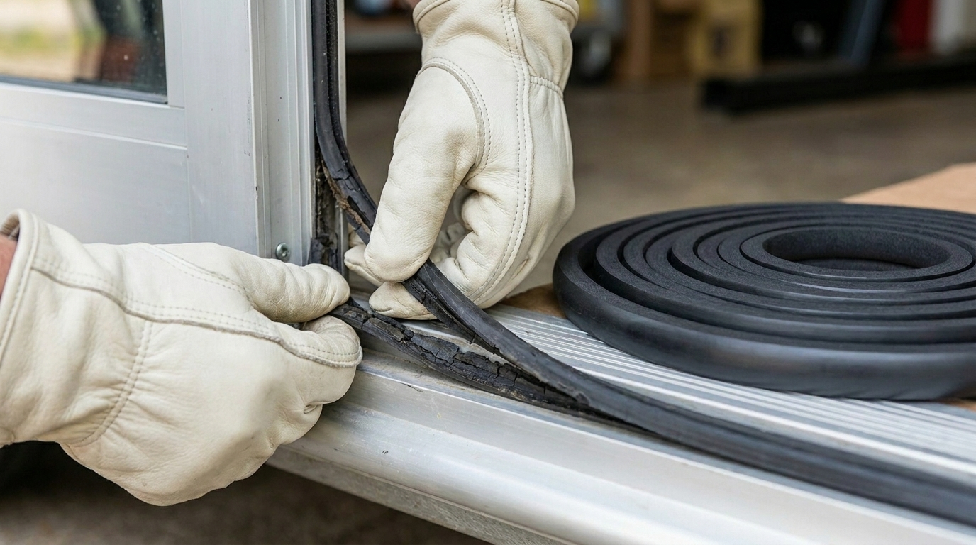 Technician replacing a perished door seal with new black weatherstripping