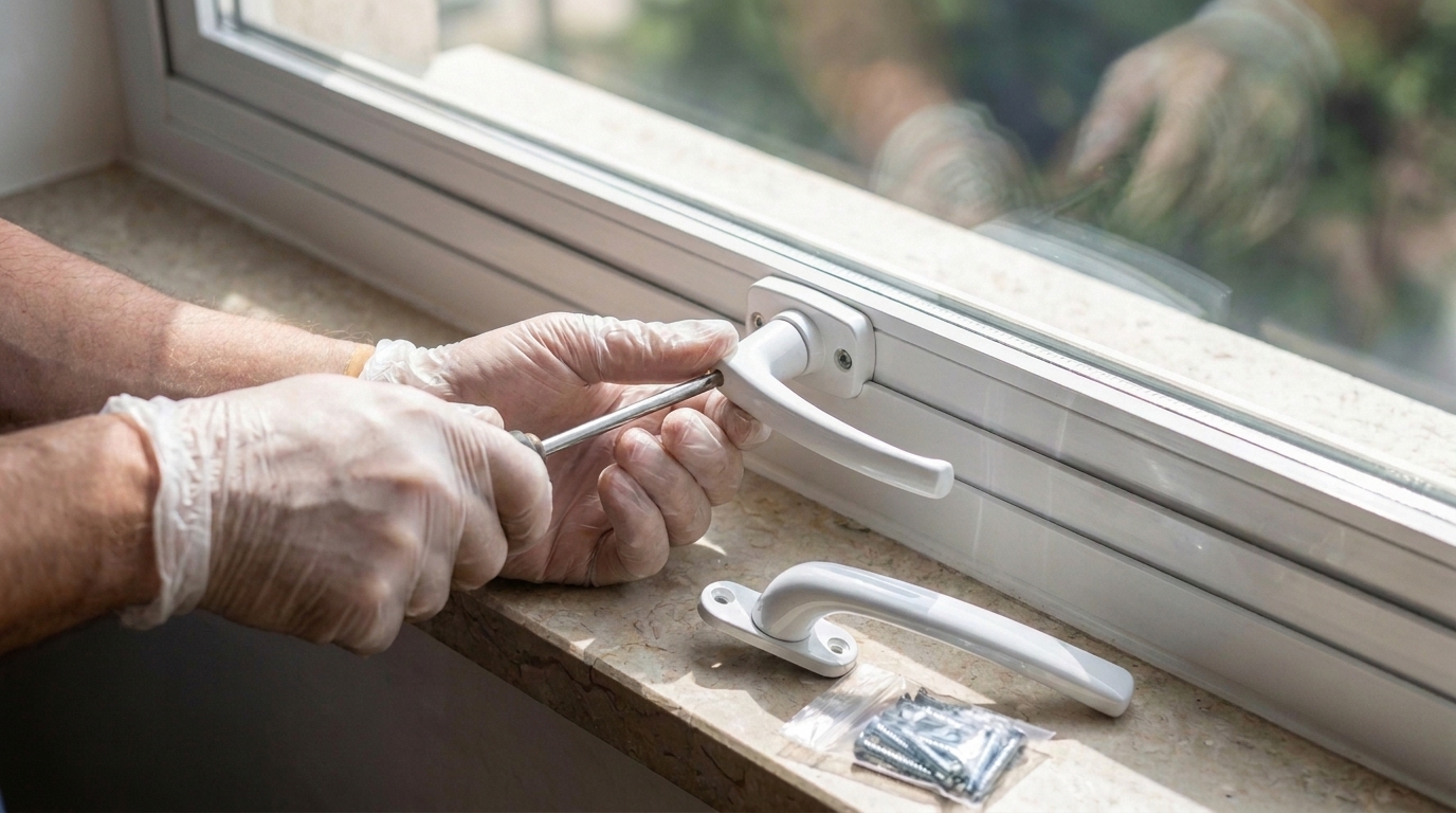Technician replacing an aluminium window handle and lock mechanism