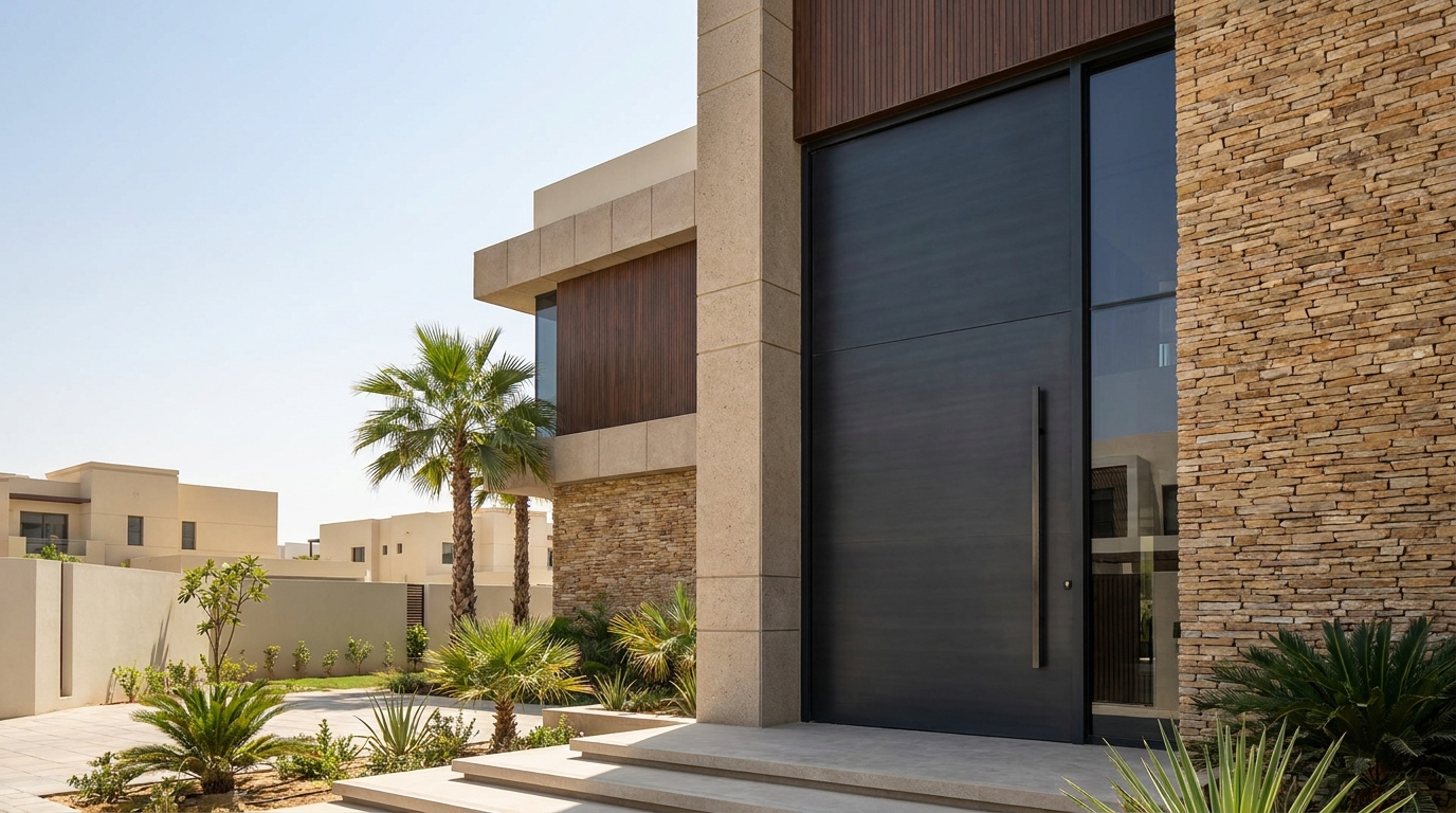 Black aluminium pivot door at the entrance of a contemporary stone-clad villa
