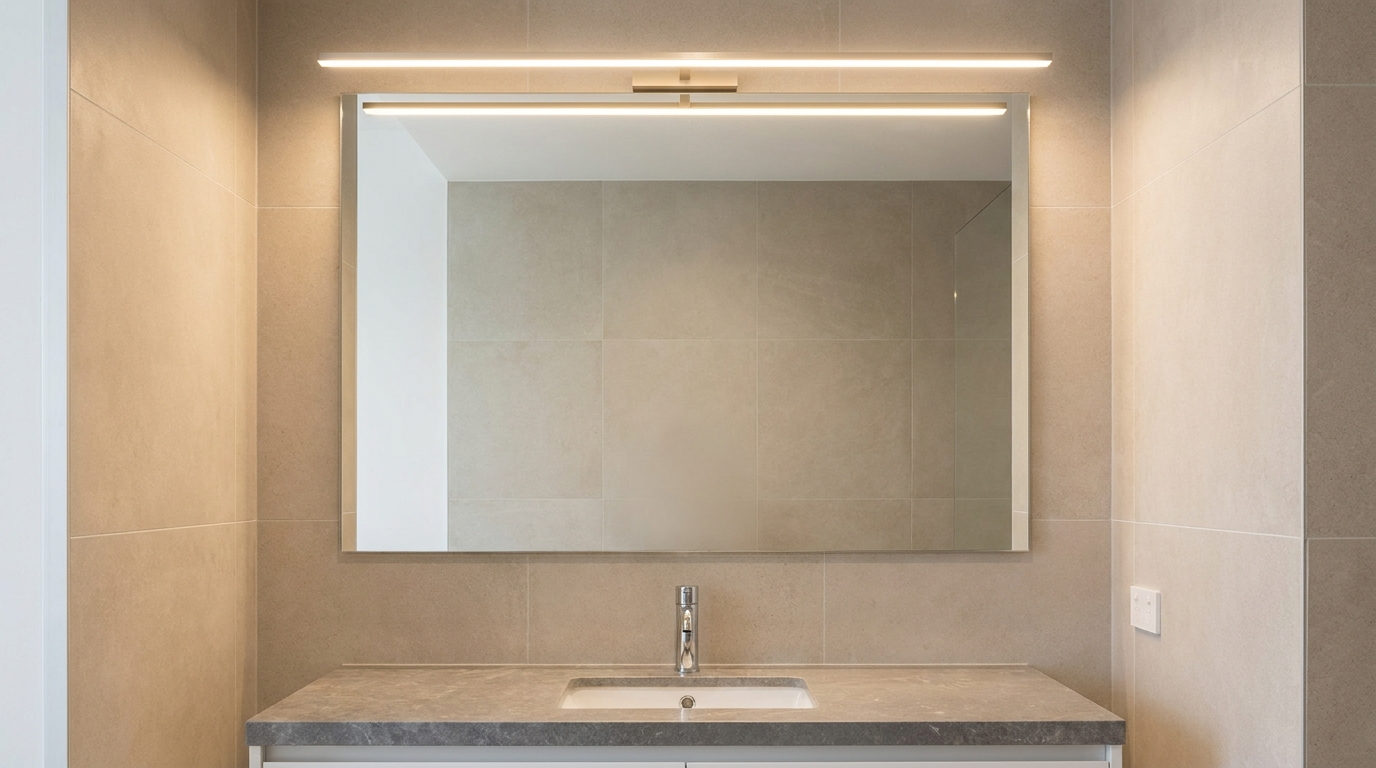 Front-lit LED vanity mirror giving even, shadow-free light above a bathroom sink