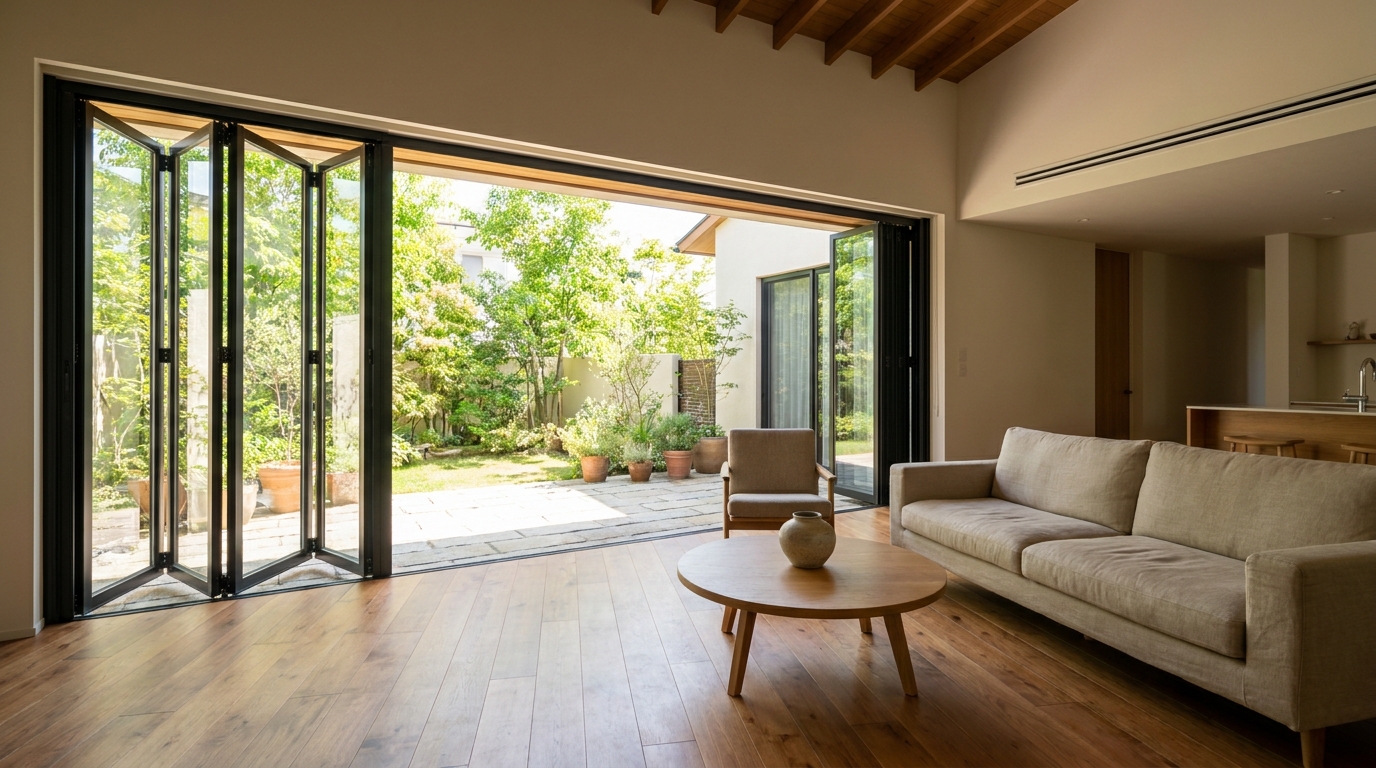Aluminium folding and sliding glass doors opening a Dubai villa's living room onto a private garden terrace