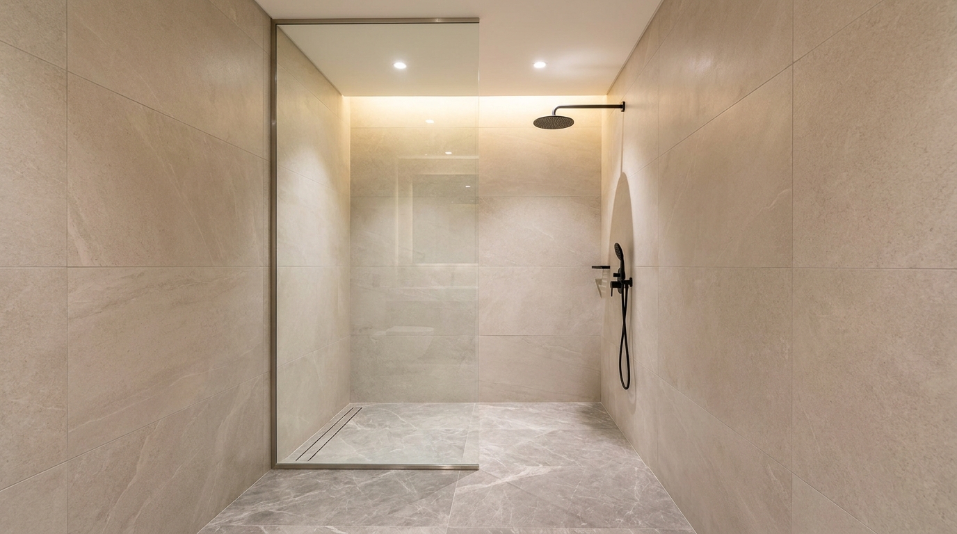 Fixed walk-in glass shower panel with no door in a contemporary Dubai bathroom