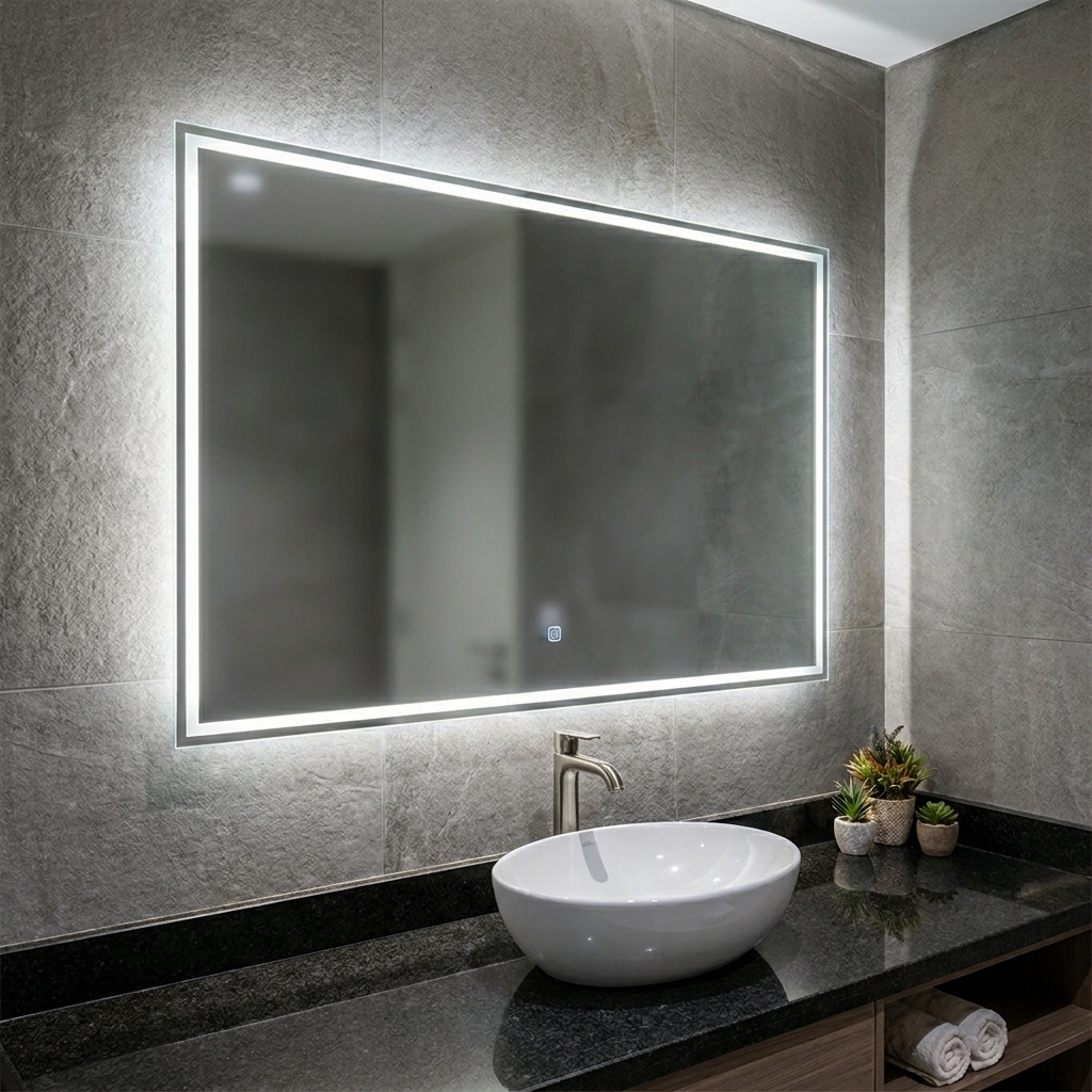 Large backlit washroom mirror in a Business Bay office