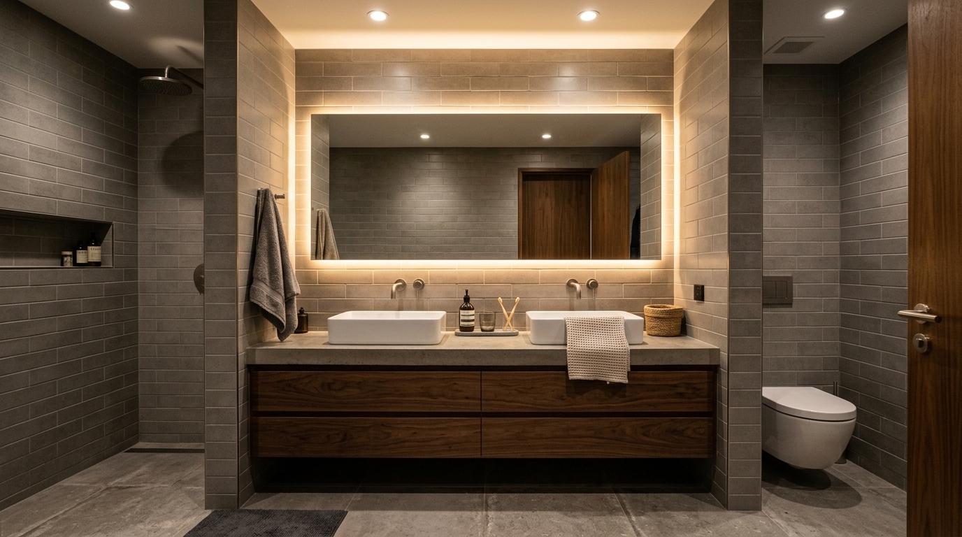 LED bathroom mirror and washroom mirror wall fitted in a Dubai home