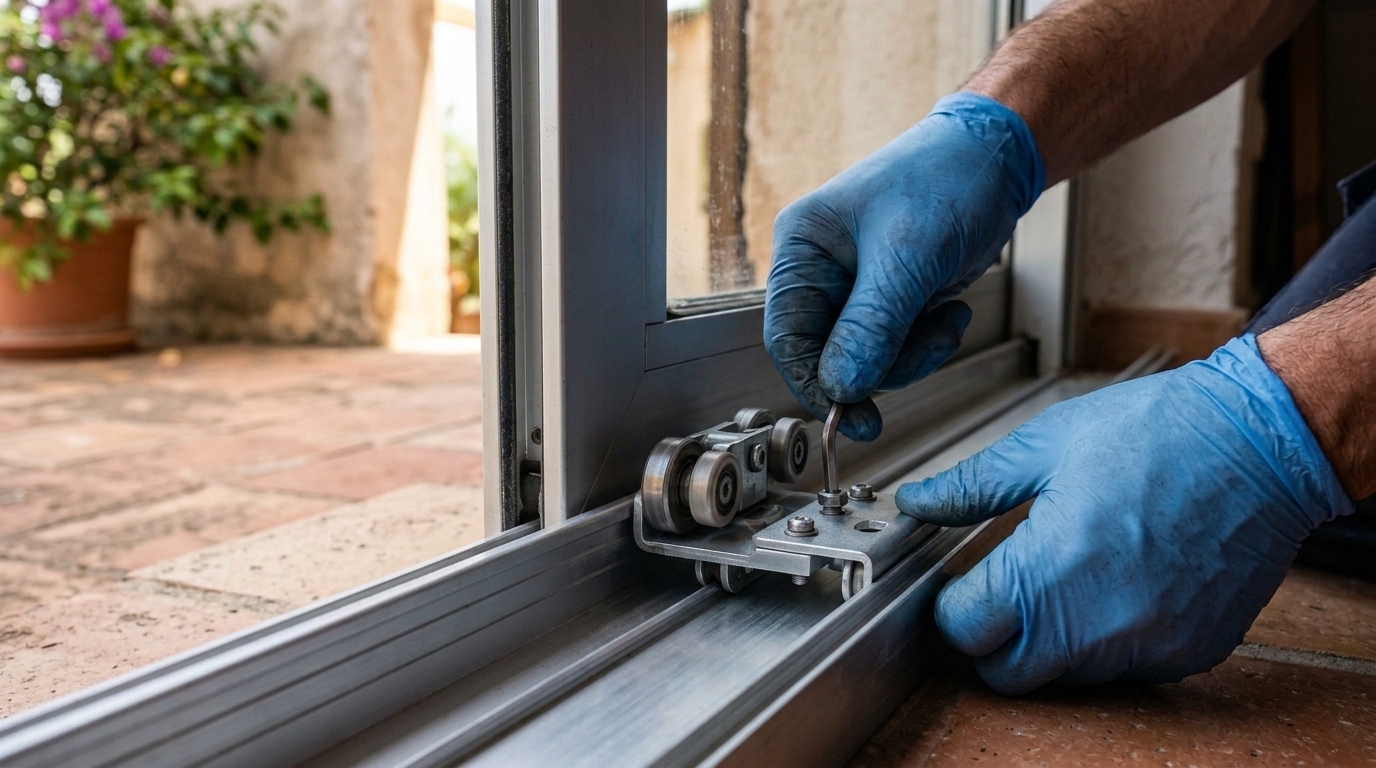 Sliding door roller and track repair carried out by Solo Dream technicians in Dubai